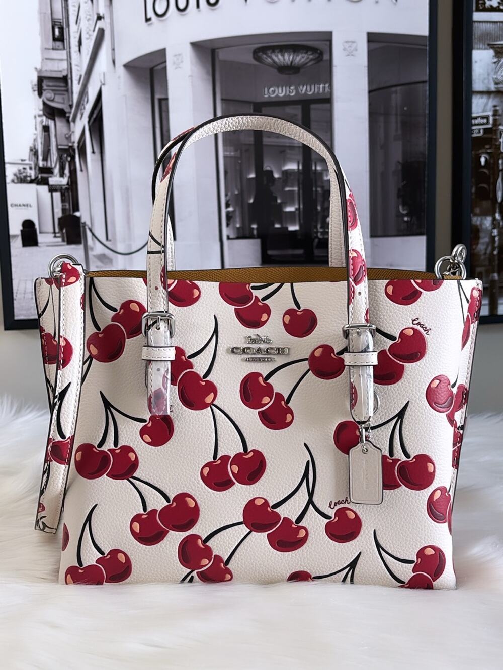Coach White Leather Tote with Red Cherry Print